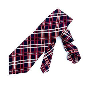 VTG Style Vera Bradley Baekgaard Red Blue Plaid;Silk Geo Neck Tie 29”
